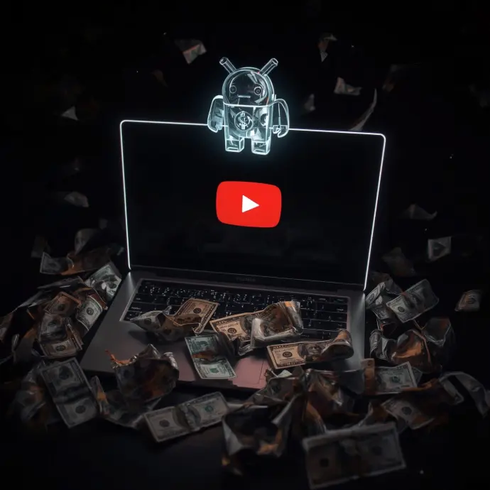 a laptop with the YouTube logo and a hologram robot on top and a lot of money a round it
