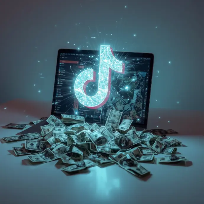 a laptop with the Tiktok logo and a hologram robot on top and a lot of money around it