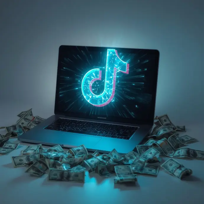 a laptop with the TikTok logo on top and a lot of money a round it