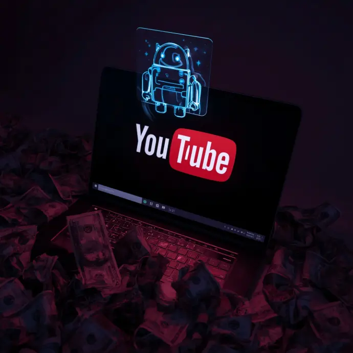 a laptop with the YouTube logo and a hologram robot on top and a lot of money a round it